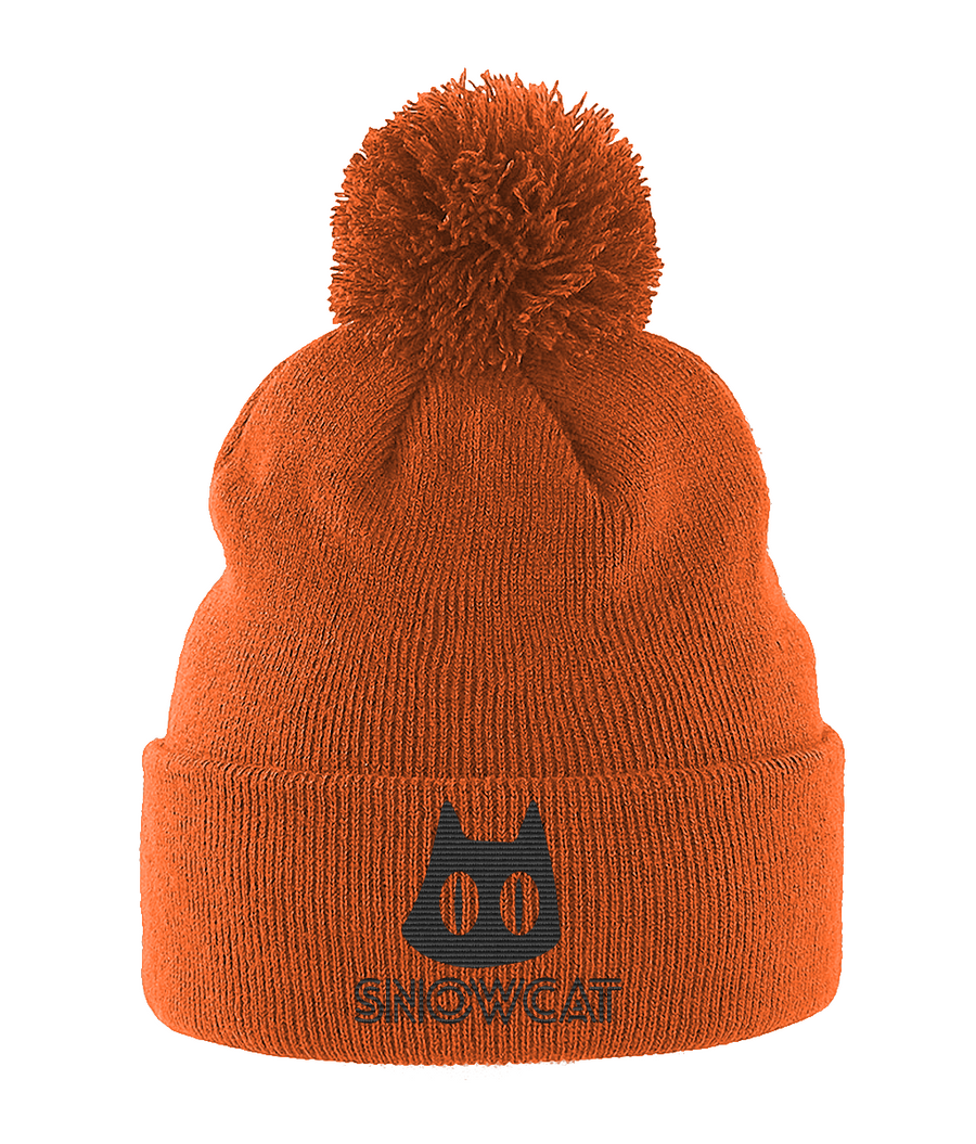 Pom Pom Beanie Snowcat Logo w Text Black